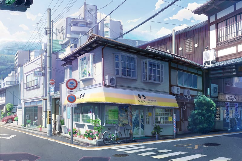 Street corner with shops and utility poles
