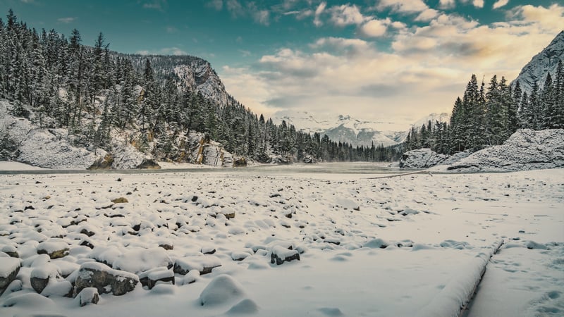 Snowy Mountain Landscape with Frozen Lake and Pine Trees