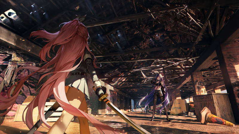 Anime girls with swords in a ruined building