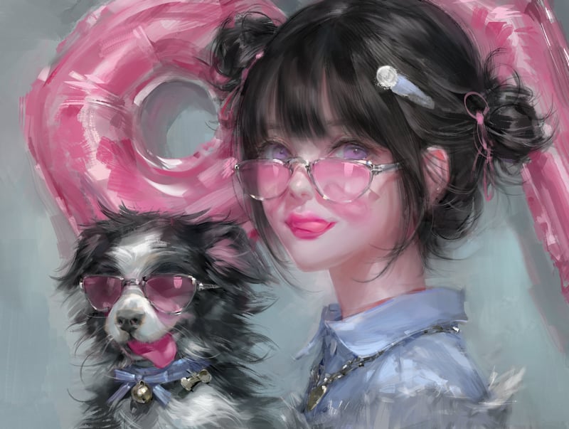 Girl with dog wearing heart-shaped glasses