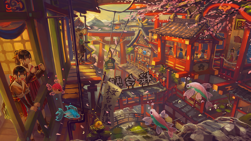 Spirits and anime girls in a Japanese village