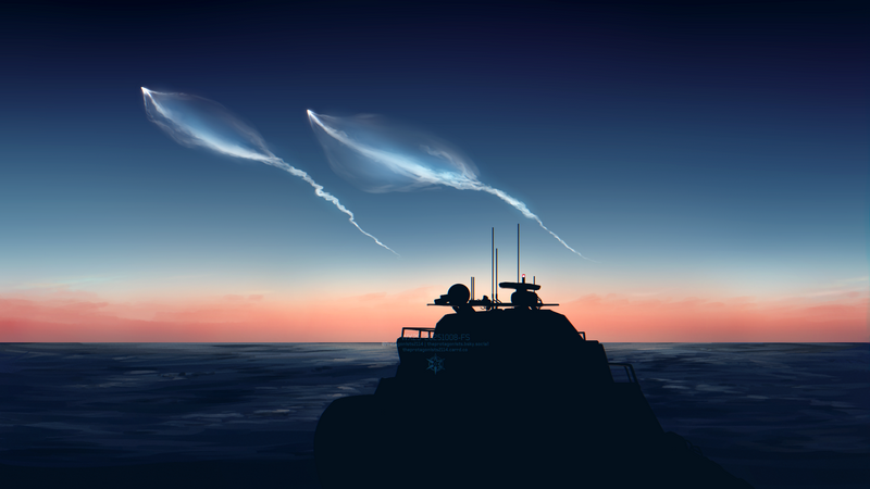 Rocket launch over the ocean at sunset