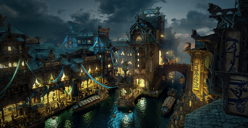 Fantasy city with boats on a canal at night
