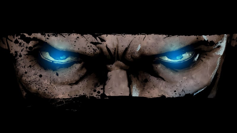 Infamous 2 video game art: close-up of mans face with blue eyes