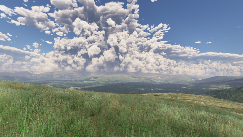Microsoft Flight Simulator: Cumulonimbus clouds over a grassy landscape