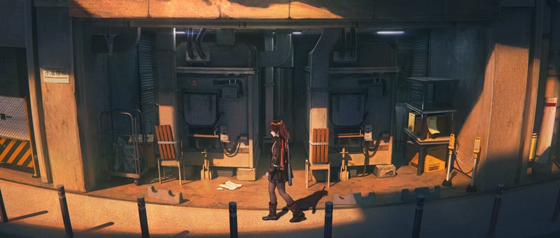 Anime girl walks past industrial machinery