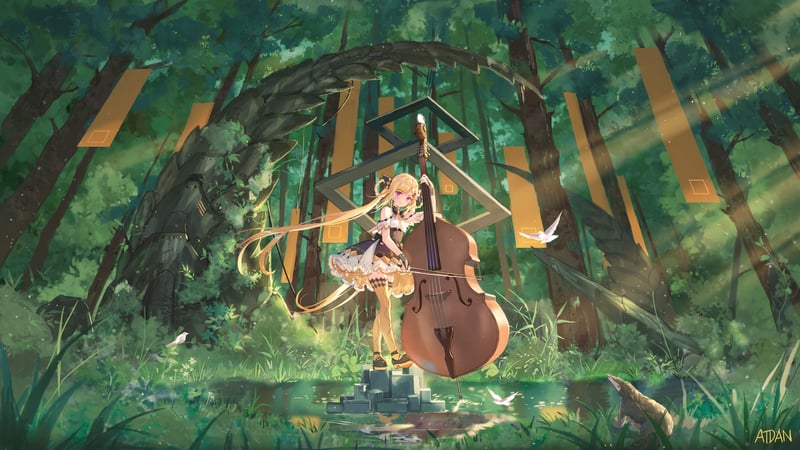 Shian with a cello in a forest