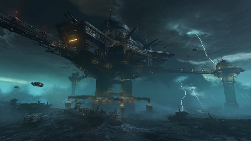 DOOM Eternal futuristic platform during a lightning storm