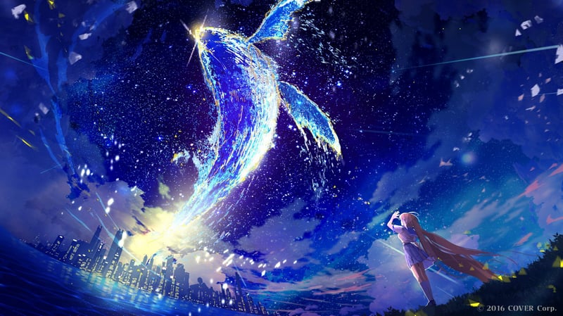 Nanashi Mumei and a cosmic whale over a city