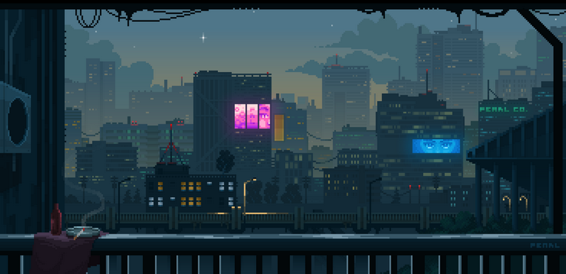 Pixel art cityscape at dusk with neon signs