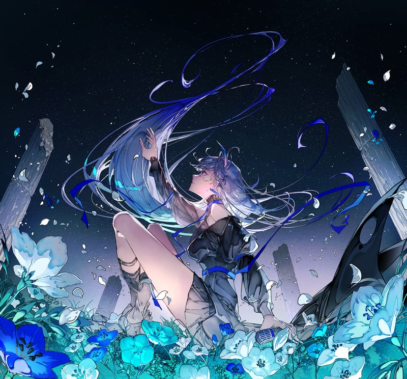 VESPERBELL Yomi sitting outdoors with blue flowers