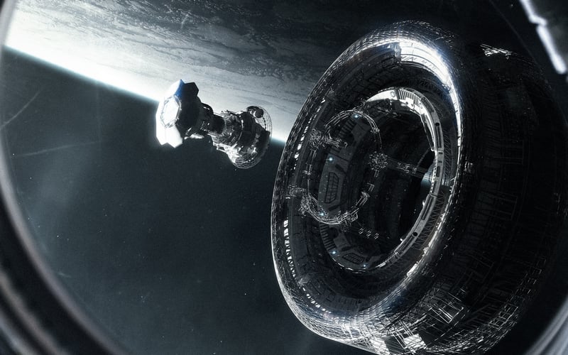 Spaceship docked at a large space station near a planet