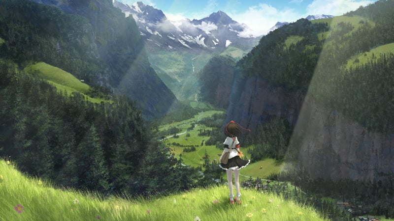 Shameimaru Aya in a scenic mountain valley