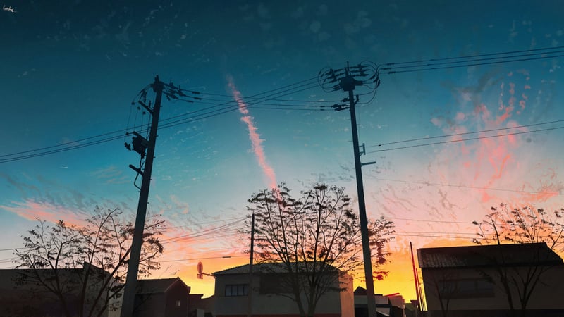 Digital art illustration of a city street at sunset