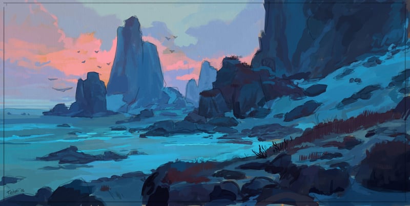 Rocky shore with mountains at sunset