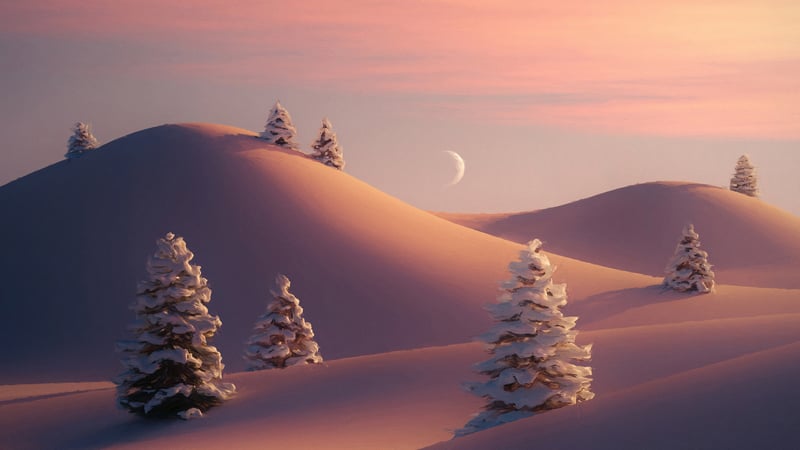 Snowy landscape with crescent moon and fir trees