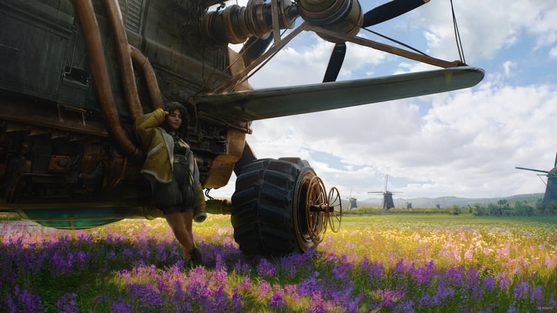 Airplane with a woman in a field of flowers