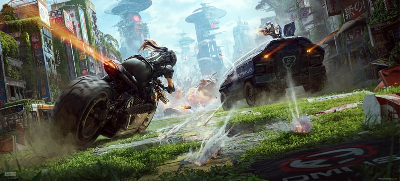 Motorcycle chase in a futuristic city