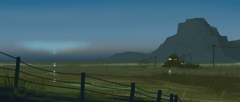 Digital painting of a coastal landscape at dusk