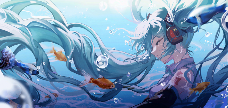 Hatsune Miku underwater with goldfish