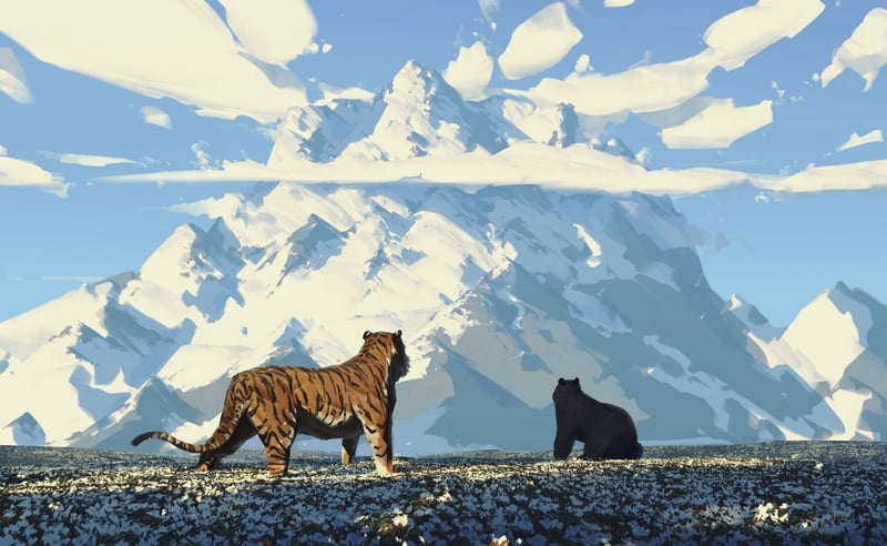 Tiger and Bear in Snowy Mountain Landscape