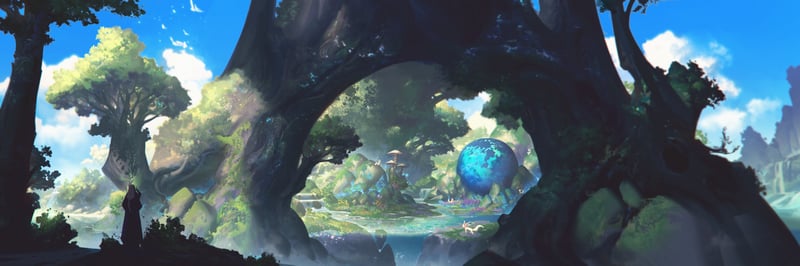 Fantasy landscape with a glowing blue orb and trees