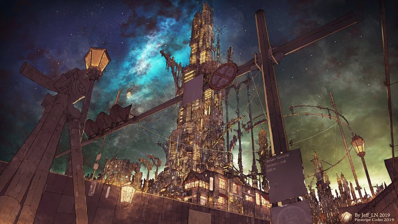 Fantasy architecture scenery under a starry night sky