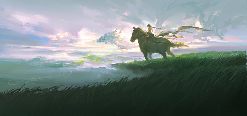 Scenery with a person riding a horse and a dragon