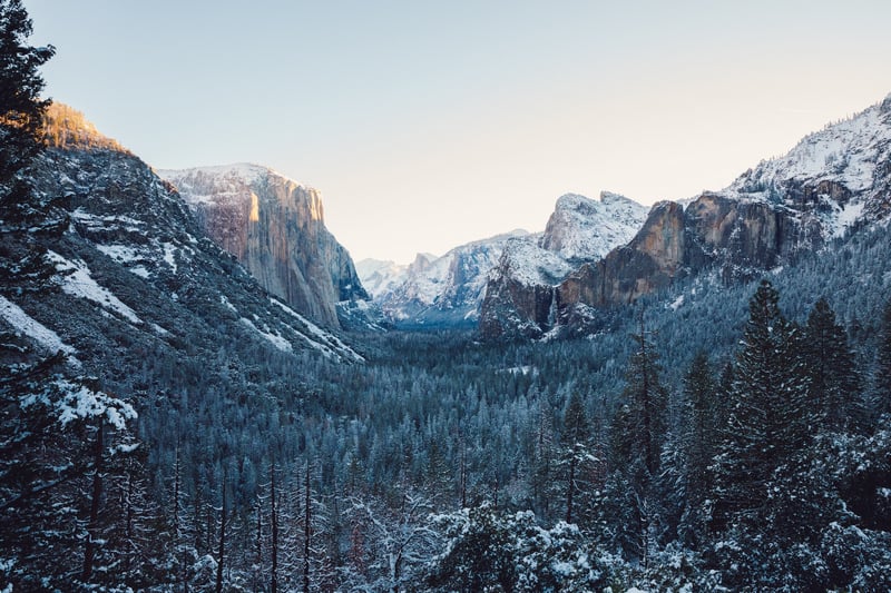 Snowy Yosemite Valley with El Capitan and Bridalveil Fall