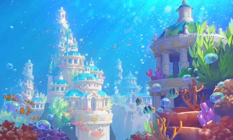 Underwater fantasy city with ornate architecture and marine life