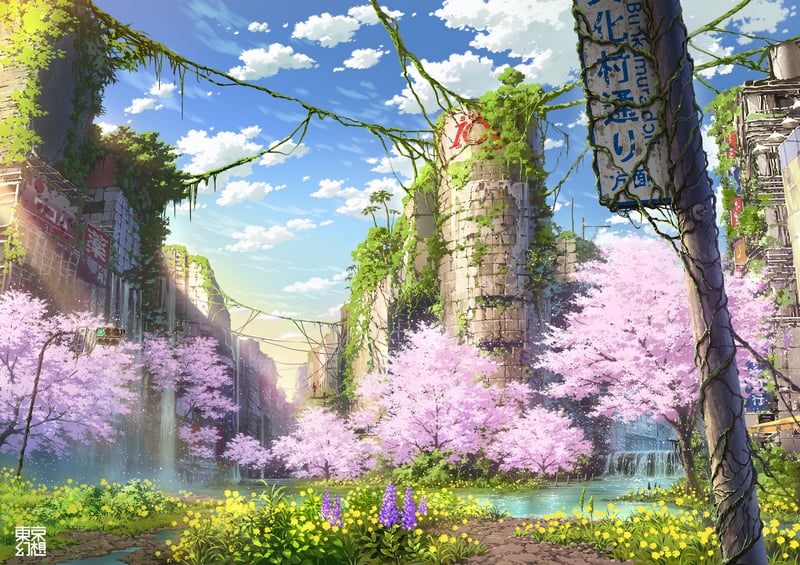 Ruined Japanese Cityscape with Cherry Blossoms and Waterfalls