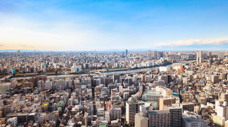 Tokyo cityscape with river and skyscrapers