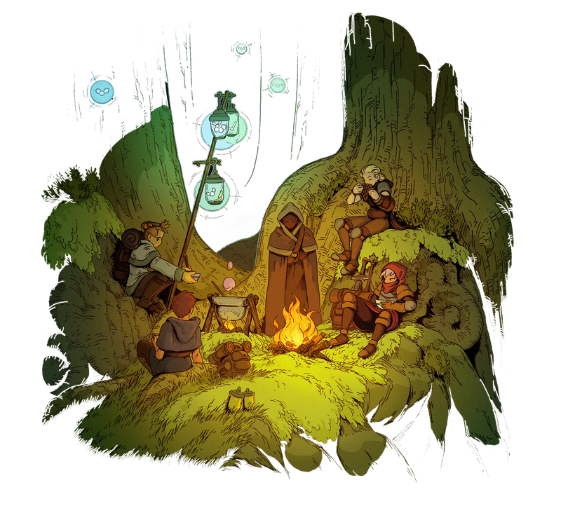 video game art: adventurers around a campfire