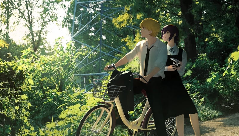 Reze and Denji with a bicycle in a forest