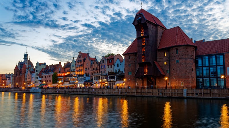 Gdansk Crane and waterfront buildings at dusk