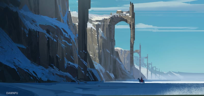 Snowy landscape with ancient stone bridge and rider