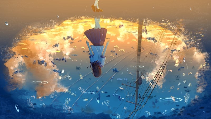 Anime girl reflected in water during sunset