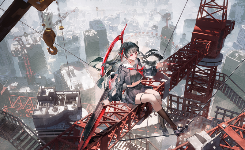 Chisa from Wuthering Waves on a Crane