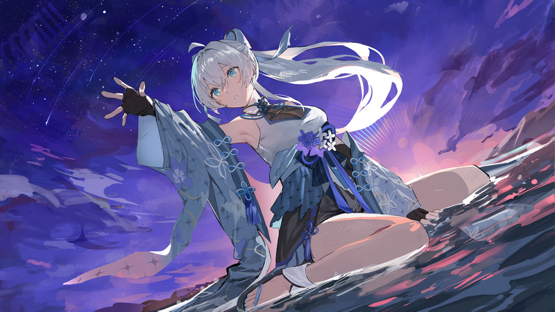 Akechi Mitsuki in a blue outfit under a starry sky