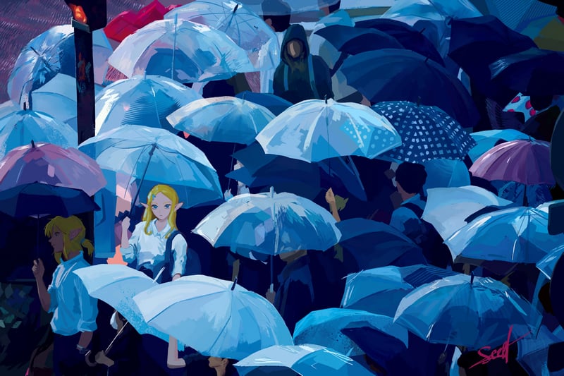 Zelda and Link under umbrellas in the rain