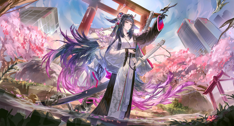 Mio (Arknights) in Japanese Clothes with Cherry Blossoms
