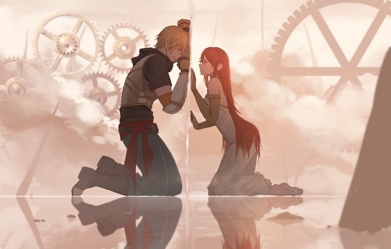 Pyrrha Nikos and Jaune Arc lean against a wall