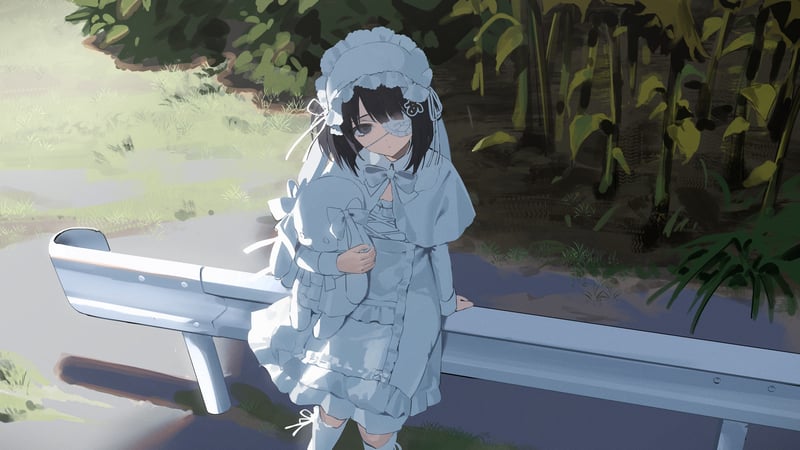 Anime girl in lolita fashion with eyepatches and stuffed animal