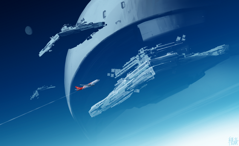Airplane and Star Wars spaceships near a large ring structure