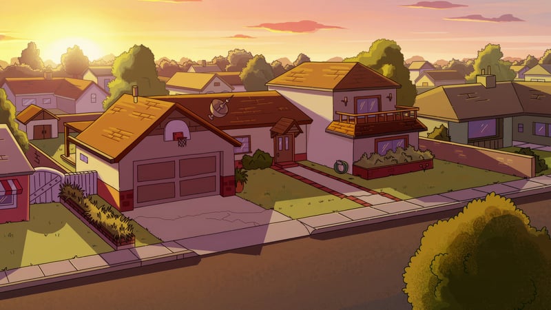 Rick and Mortys suburban house at sunset