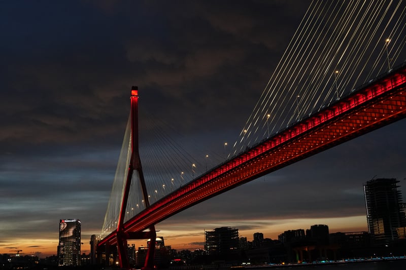 Red illuminated cable-stayed bridge at dusk over a city