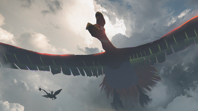 Ho-Oh and a rider flying in the clouds