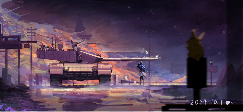 Anime girl with a tank in a futuristic city