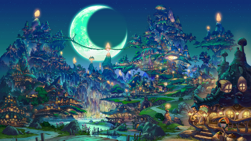 Fantasy town under a large crescent moon at night