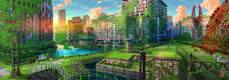 Overgrown Cityscape Ruins with Water and Sky